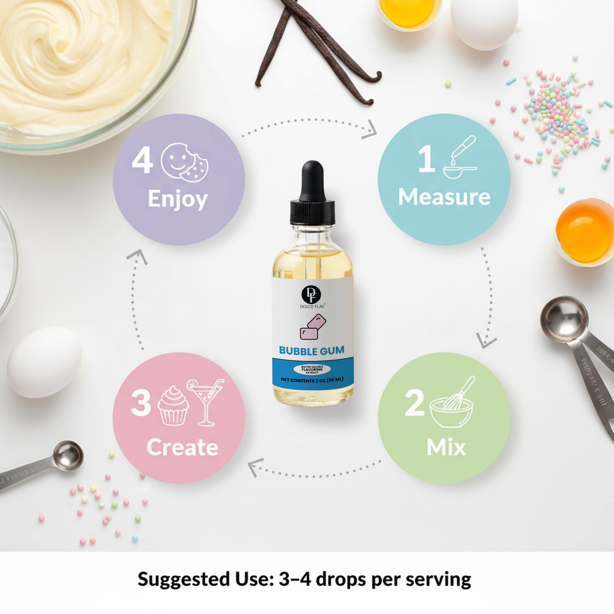 Bottle of bubble gum extract with cooking ingredients and steps on a white background