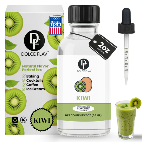 Dolce Flav kiwi flavor extract bottle with packaging, dropper, and glass of green drink.