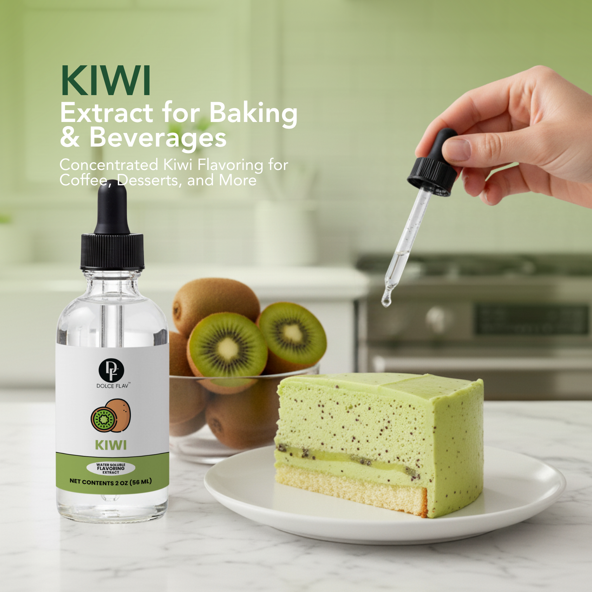 Kiwi extract bottle with a dropper, kiwis, and a slice of kiwi cake on a kitchen counter.