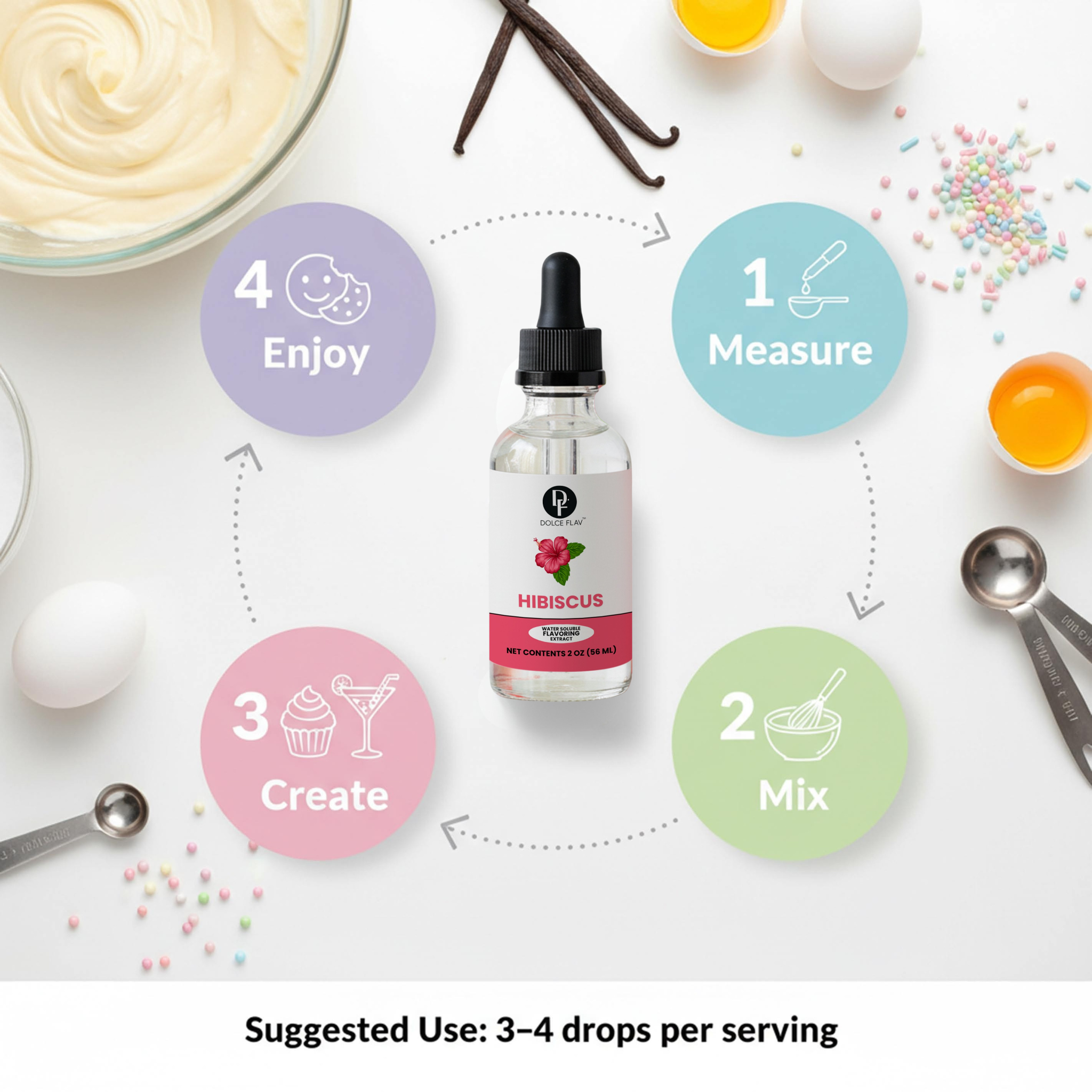 Bottle of Hibiscus syrup with cooking ingredients and steps on a white background