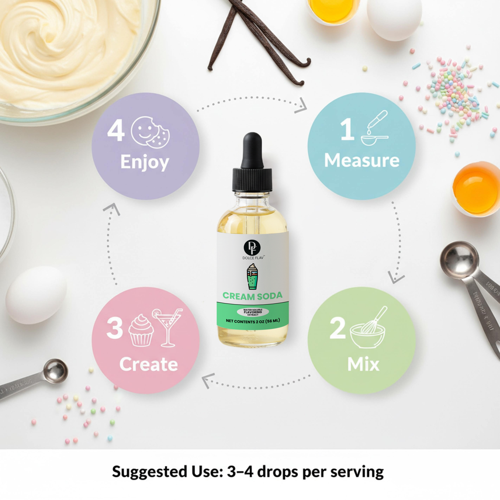 Bottle of cream soda with measurement guide on a white background