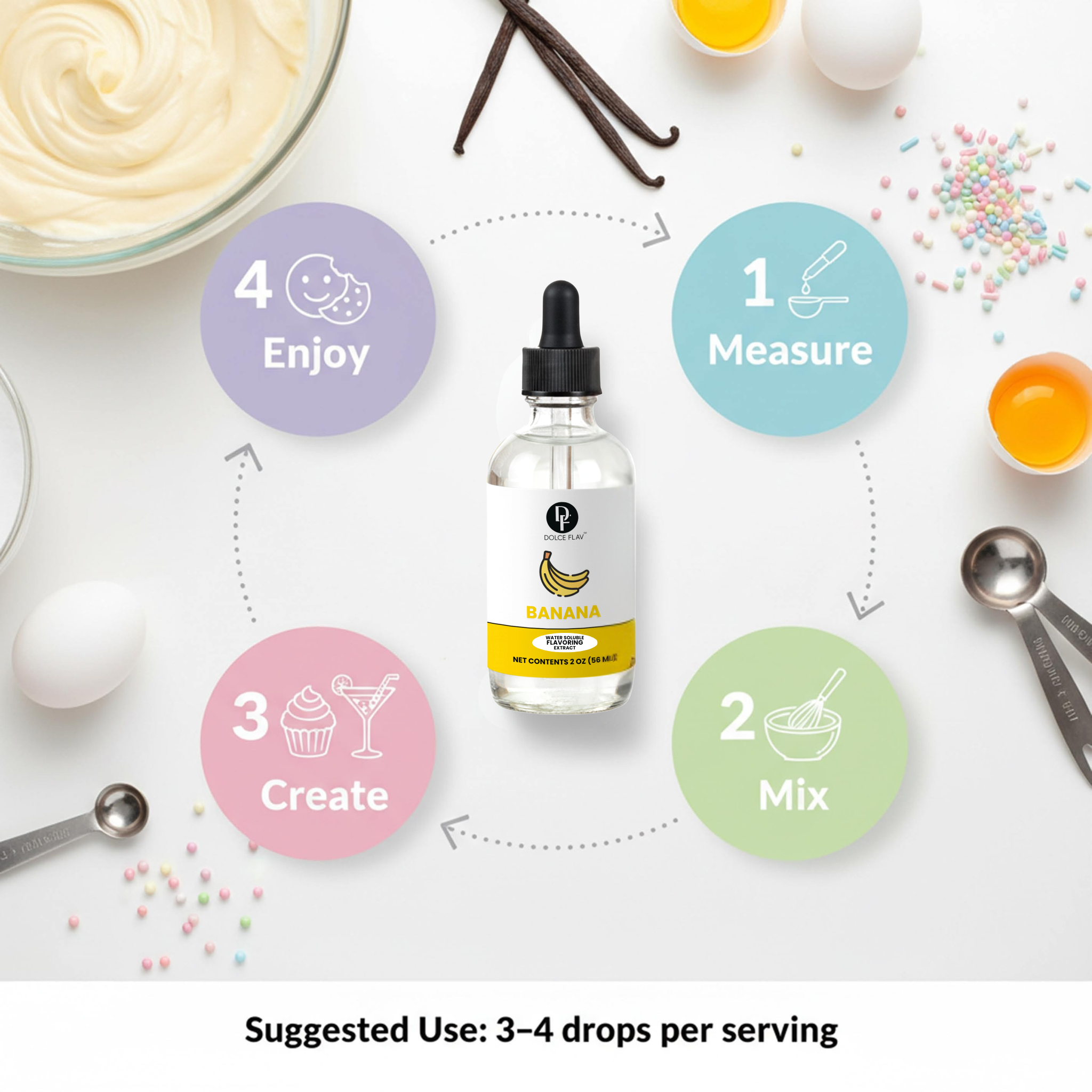 Bottle of banana extract with cooking ingredients and steps on a white background