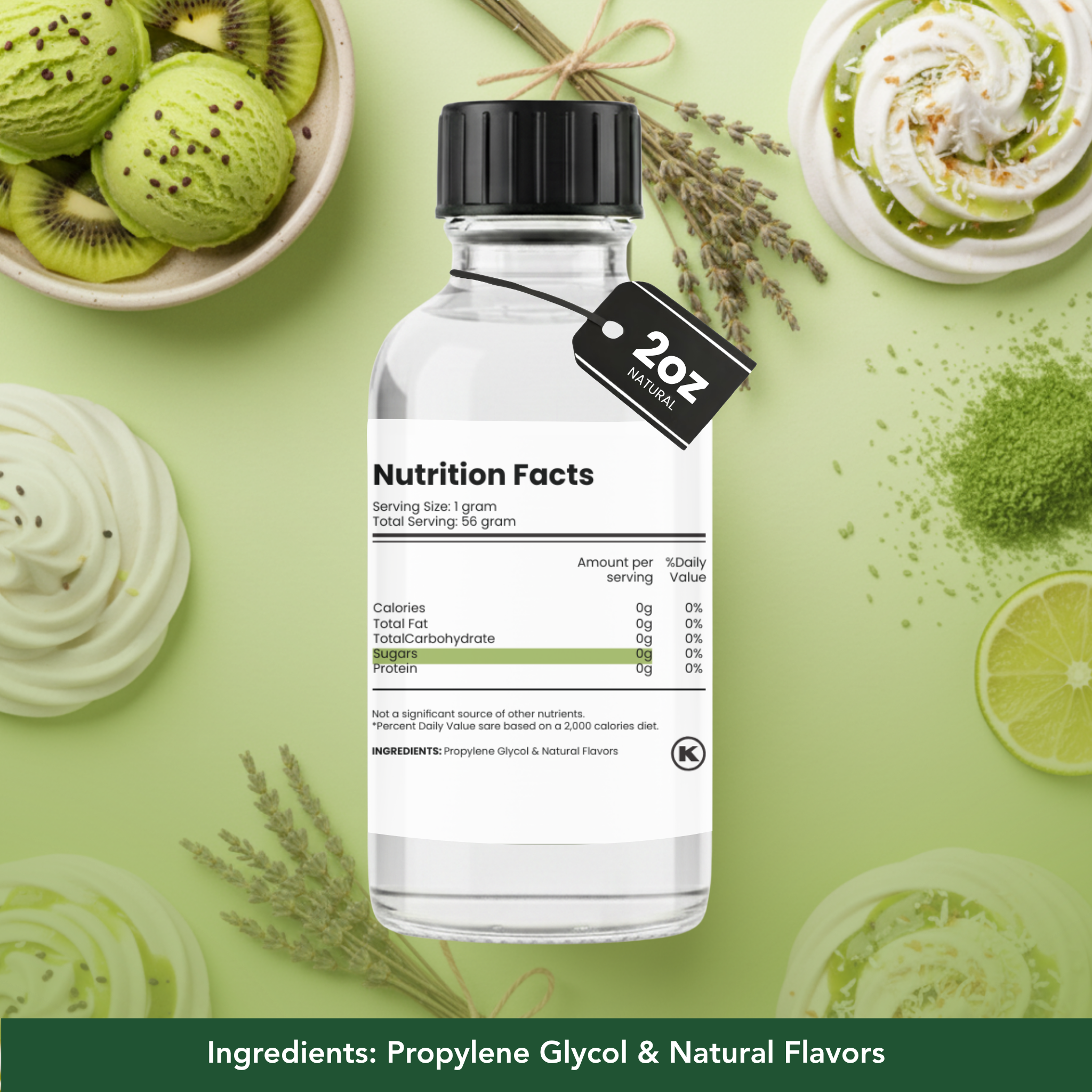 Bottle of a green drink with nutrition facts label, surrounded by kiwi slices, lime, and whipped cream on a green background.