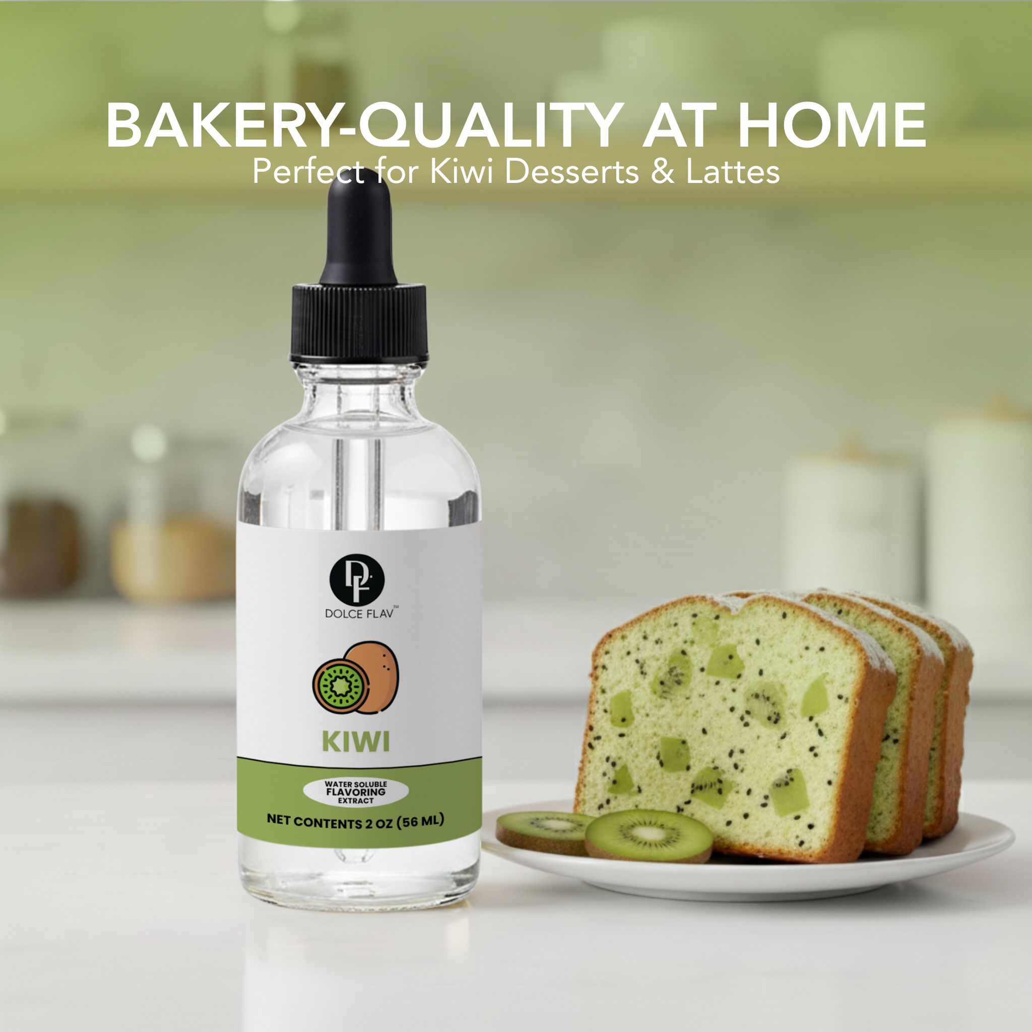 Bottle of Dolce Flav kiwi flavoring with sliced kiwi cake on a kitchen counter.