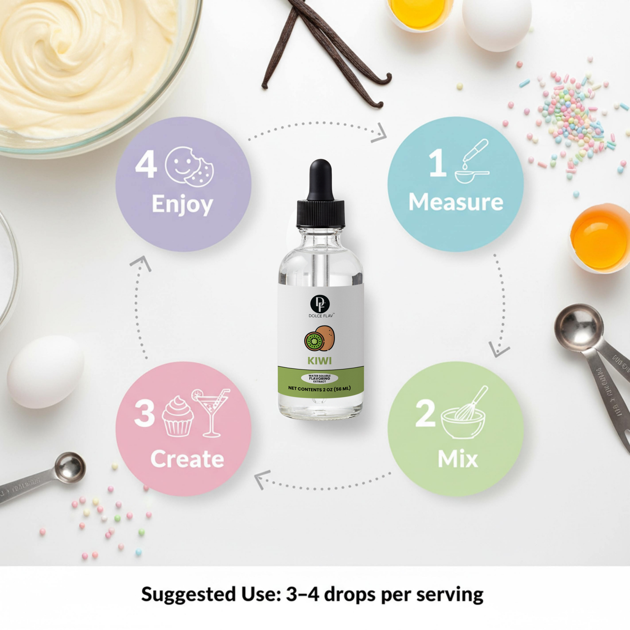 Bottle of kiwi extract with cooking ingredients and steps on a white background