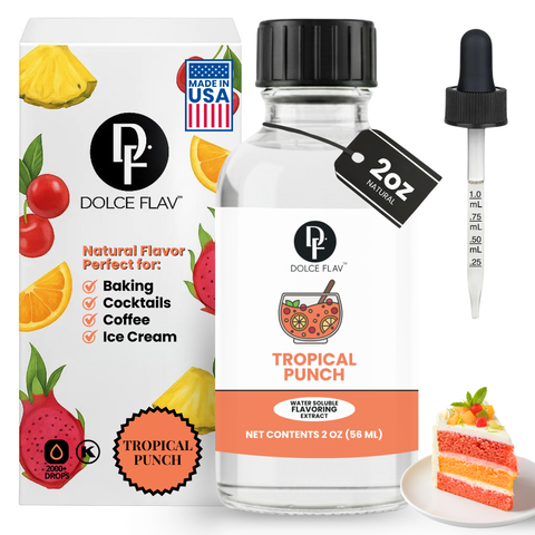 Dolce Flav tropical punch flavor extract bottle with packaging and dropper on a white background