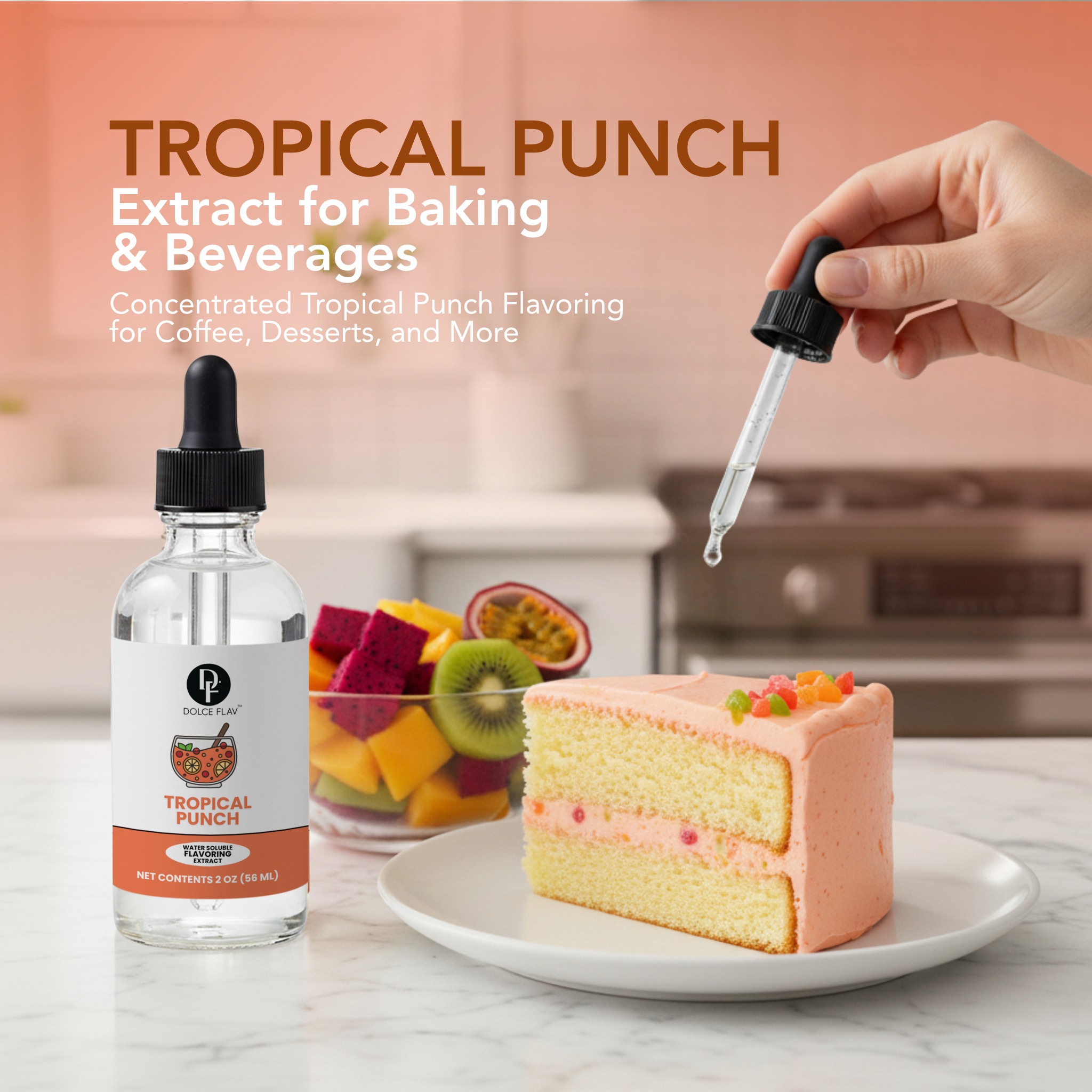 Tropical Punch extract bottle with dropper, cake, and fruits on a kitchen counter.