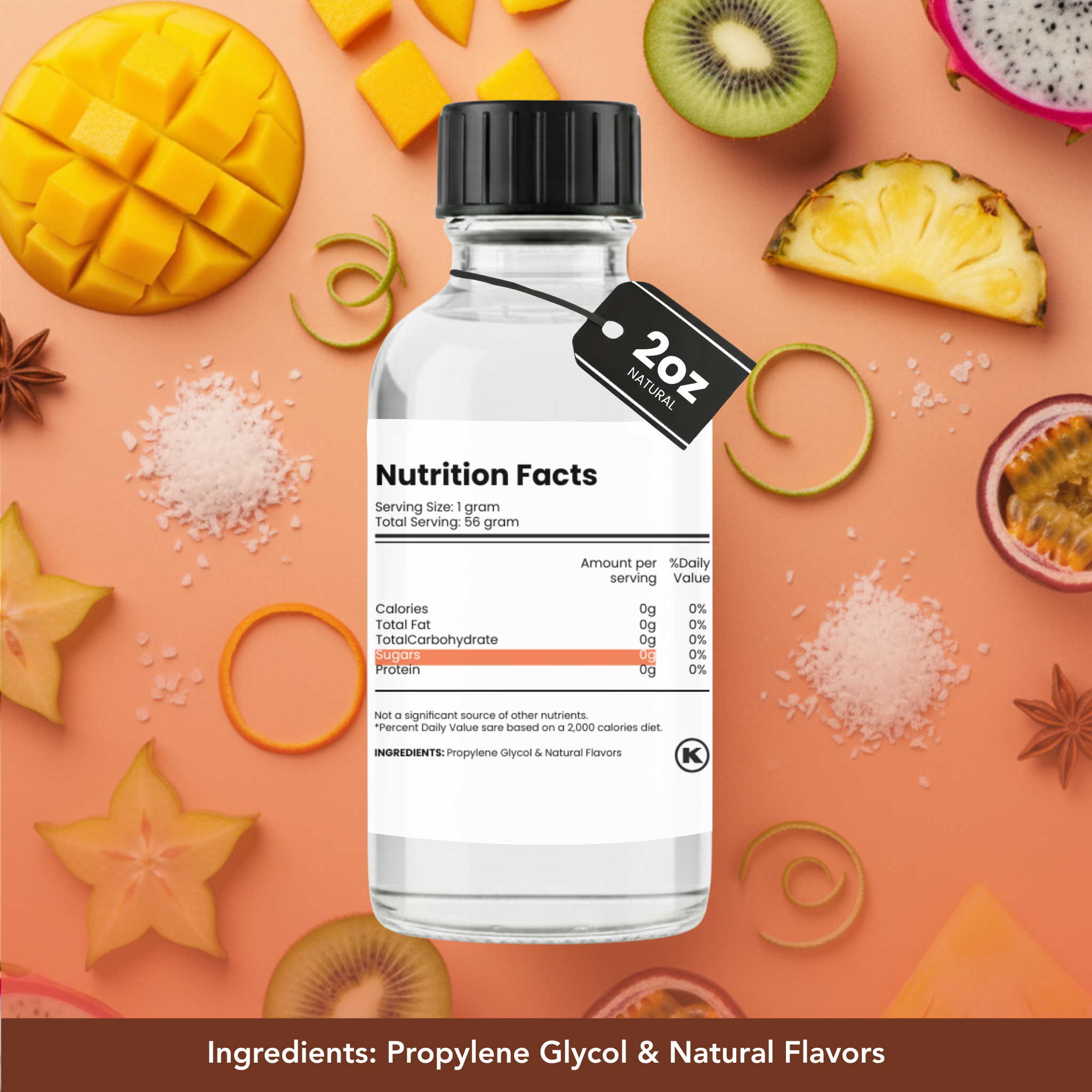 Bottle of a nutritional supplement with fruit slices on a colorful background