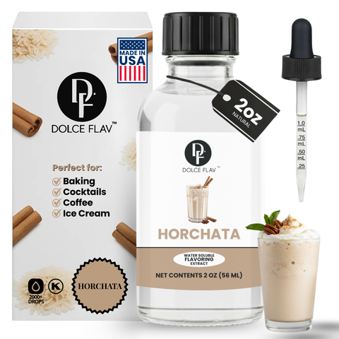 Dolce Flav horchata flavoring extract bottle with packaging and a glass of horchata.