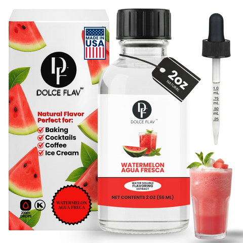 Dolce Flav watermelon flavoring extract with packaging, bottle, dropper, and a glass of watermelon juice.
