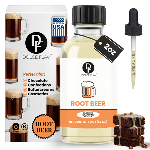 Root beer flavoring extract with packaging and measurement tools on a white background
