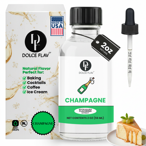 Dolce Flav Champagne flavor extract bottle with packaging and a small piece of cake.
