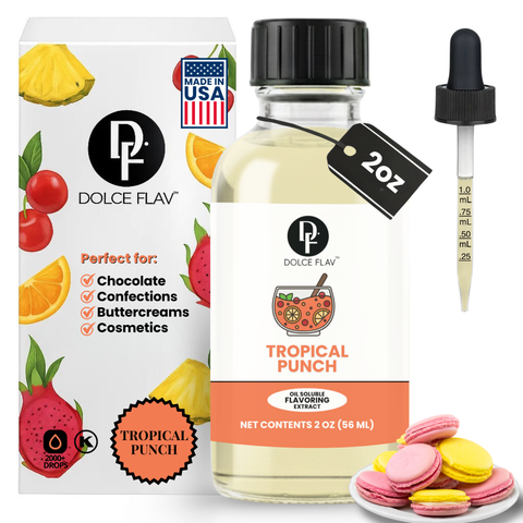 Dolce Flav tropical punch flavoring extract with packaging and dropper on a white background
