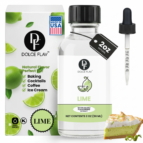 Dolce Flav lime extract bottle with packaging and a slice of key lime pie.