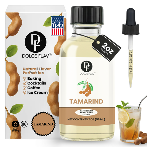Dolce Flav tamarind flavor extract bottle with packaging and a glass of iced tea.
