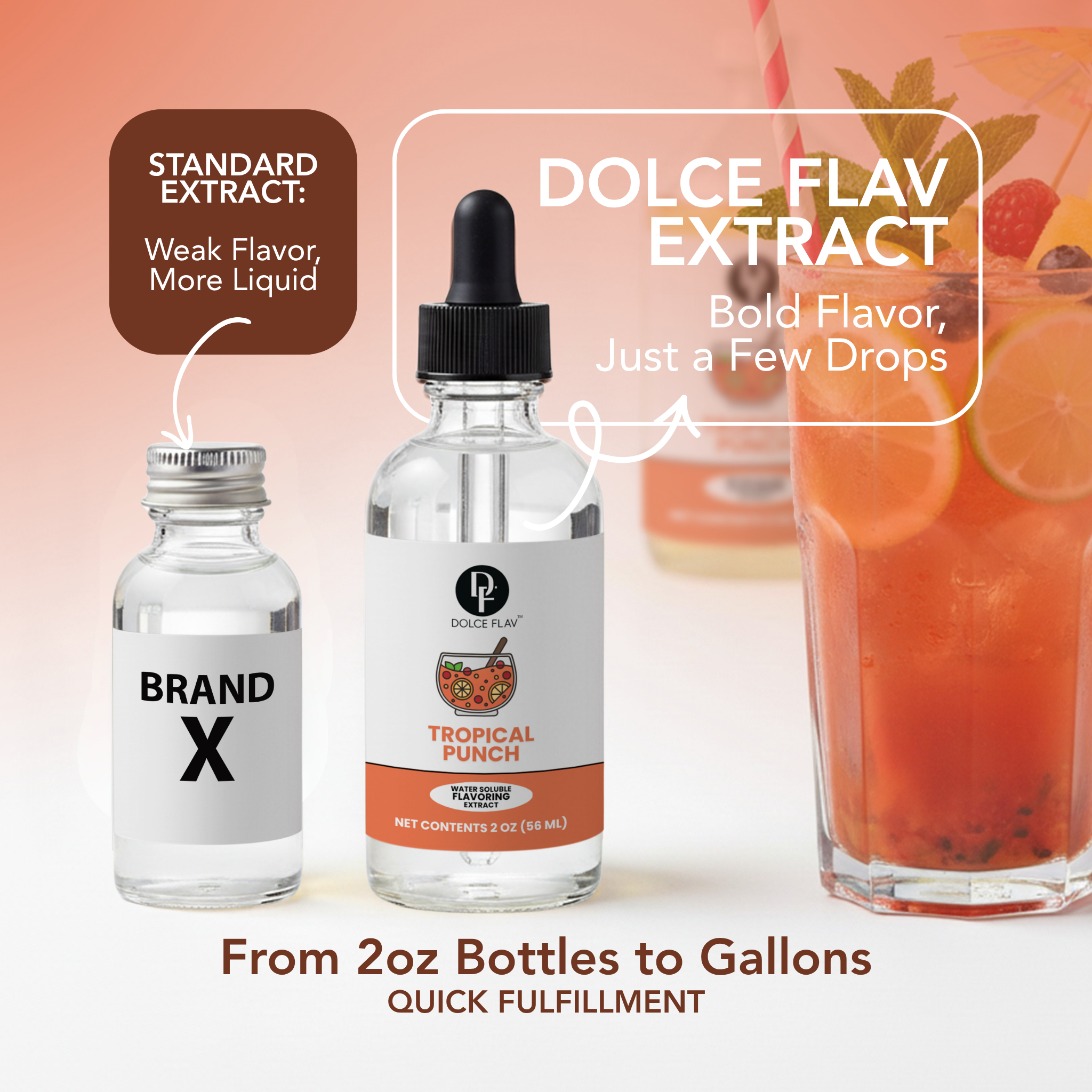 Dolce Flav extract bottle with a comparison to Brand X extract and a tropical punch drink.
