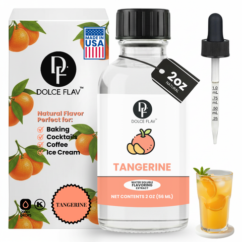 Dolce Flav tangerine flavor extract bottle with packaging, dropper, and a glass of iced tea with tangerines.
