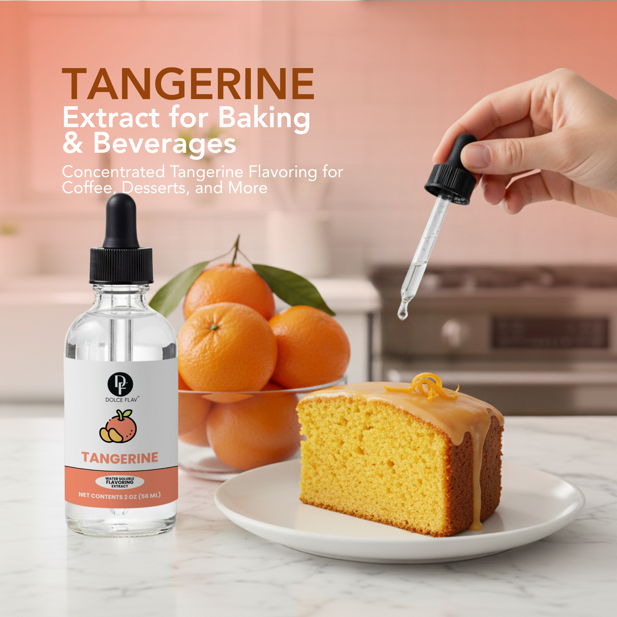Tangerine extract bottle with a dropper, oranges, and a slice of cake on a marble surface.