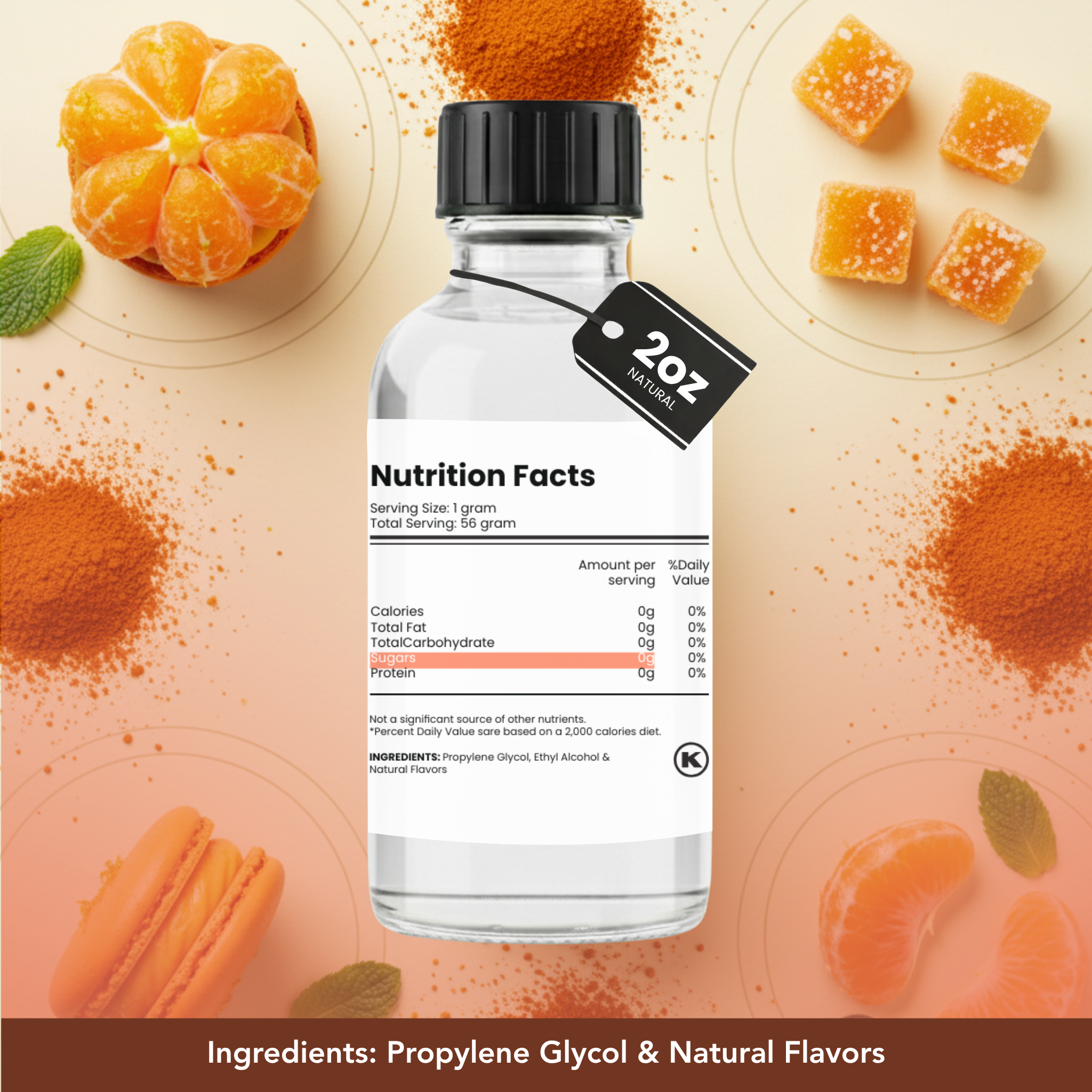 Bottle with nutrition facts label surrounded by oranges and spices on a decorative background