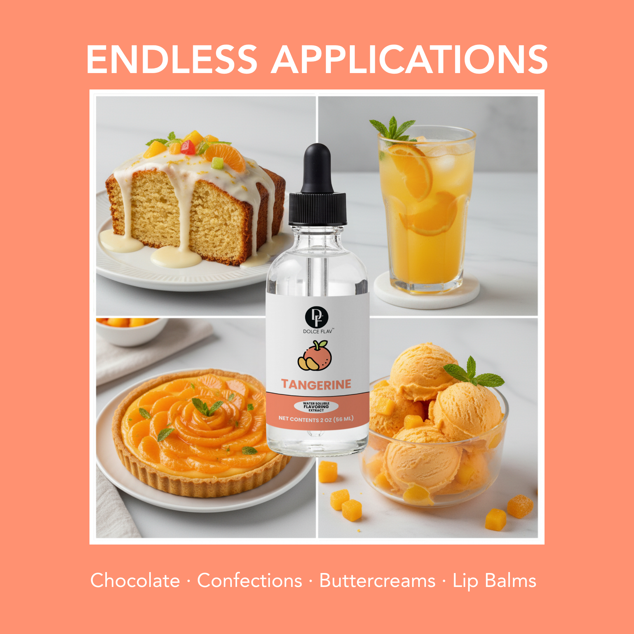 Tangerine-flavored product with applications in desserts and drinks on a peach-colored background.