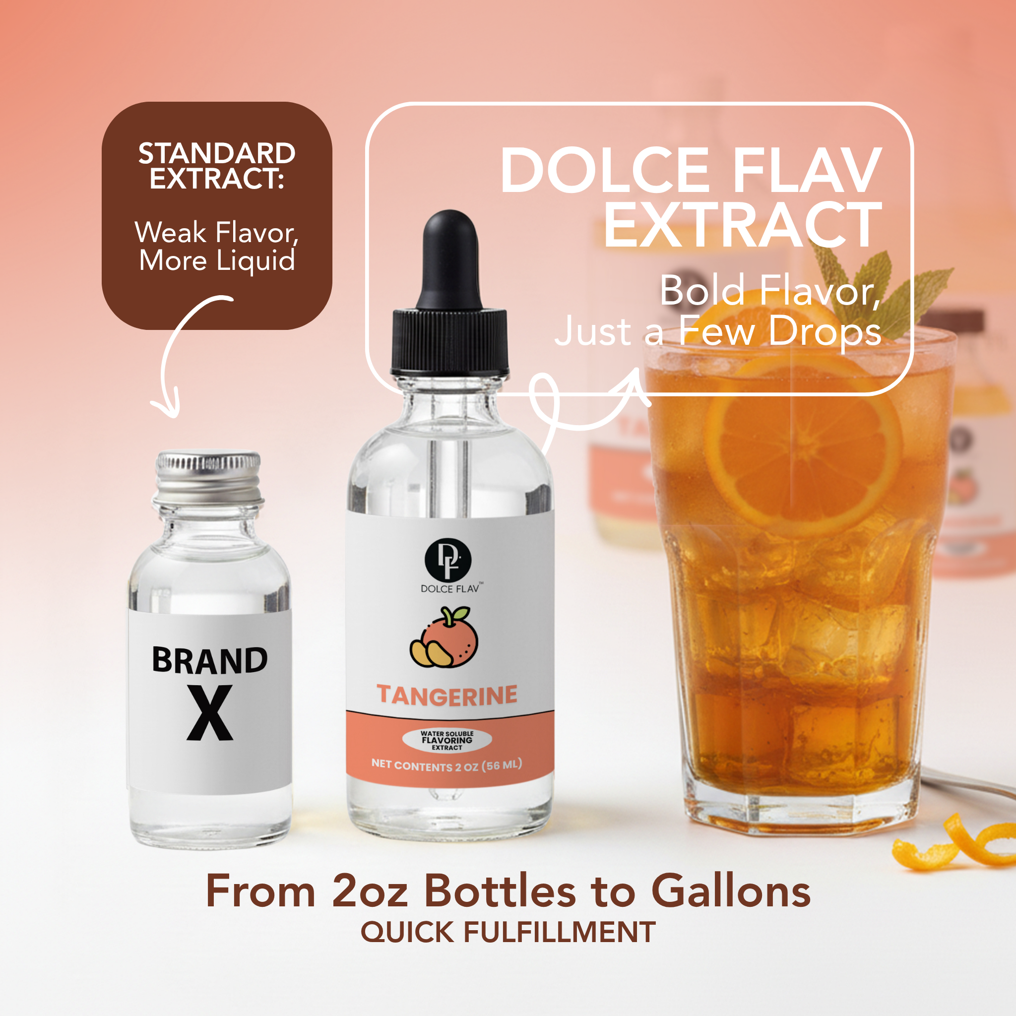 Bottle of Tangerine extract with a glass of iced tea, highlighting Dolce Flav Extract's benefits.