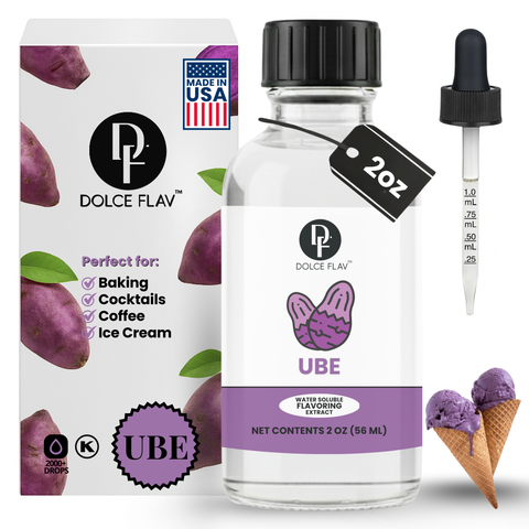 Dolce Flav Ube flavoring extract bottle with packaging and ice cream cones on a white background