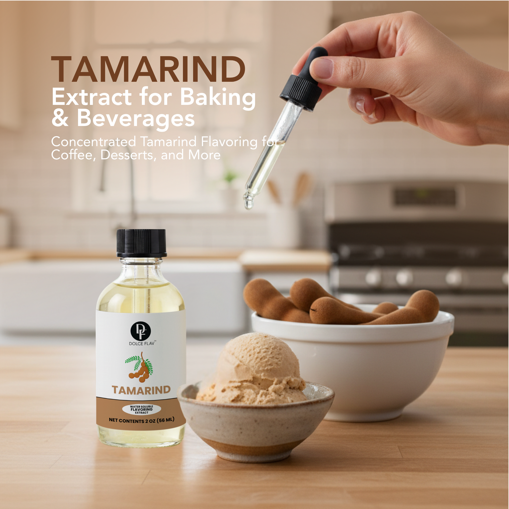 Tamarind extract bottle with a dropper, bowls of ice cream and cookies on a kitchen counter.