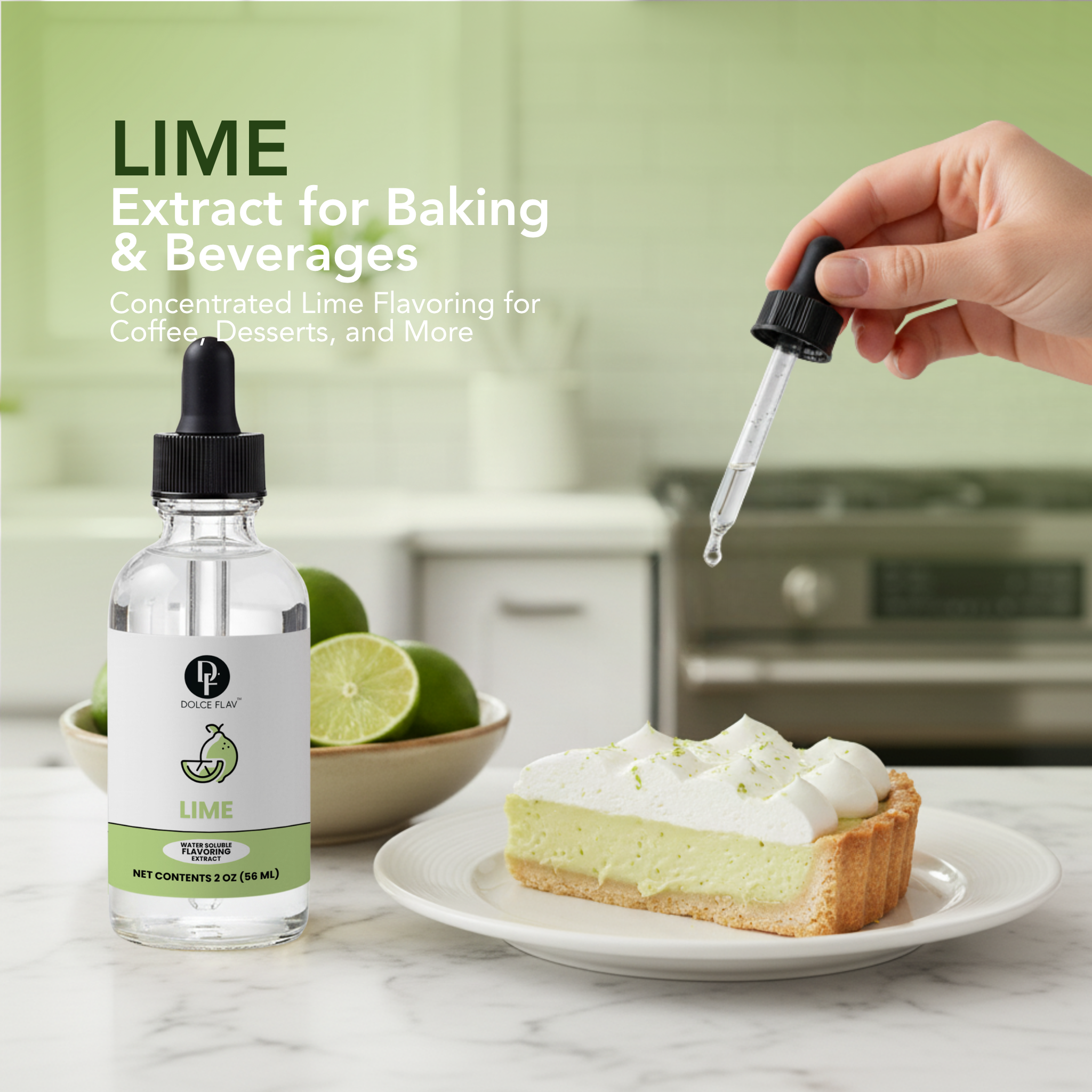 Bottle of lime extract with a dropper being used on a lime pie in a kitchen setting.