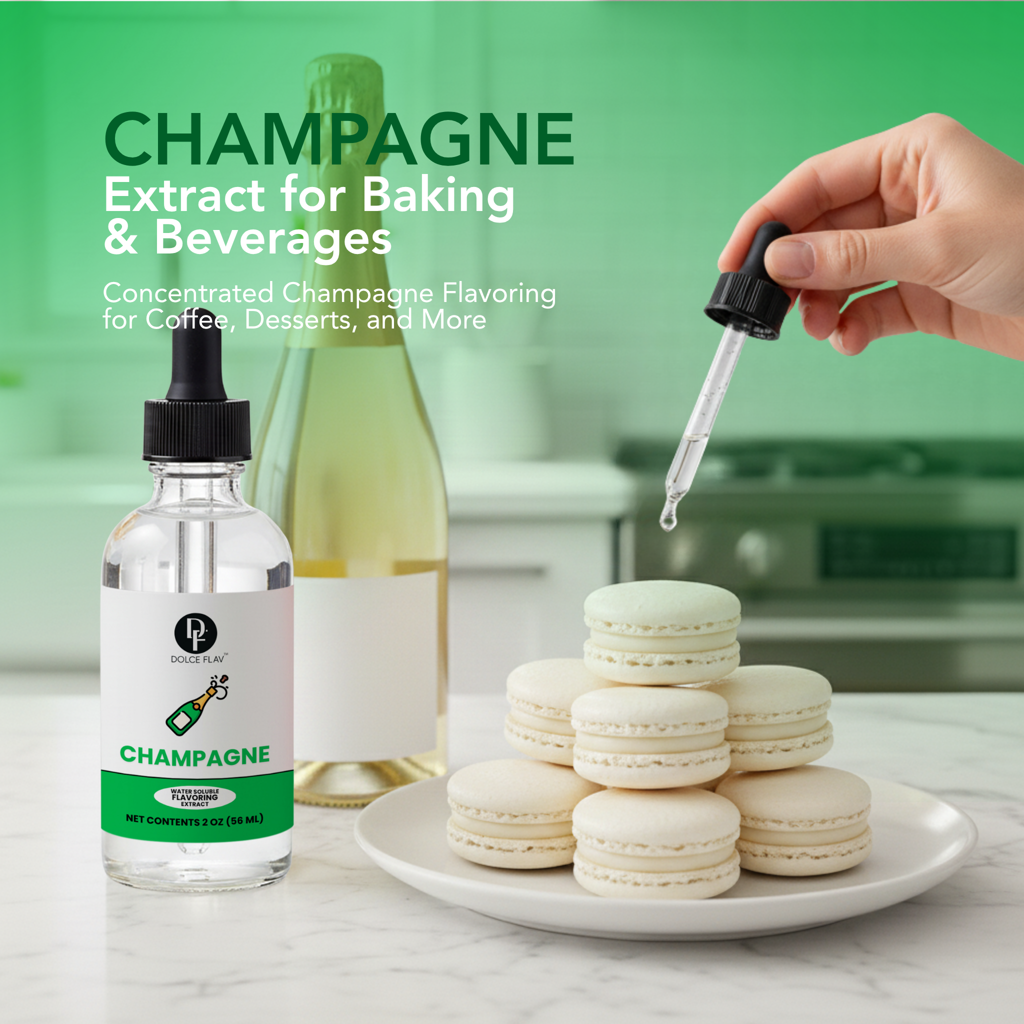 Bottle of champagne extract with a dropper, bottle of champagne, and macarons on a marble surface.