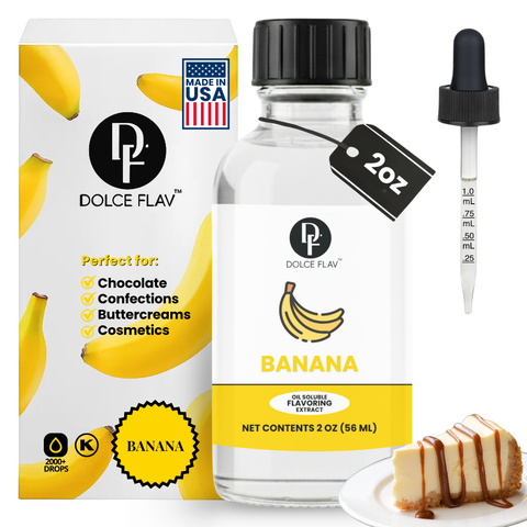 Dolce Flav banana flavoring extract with packaging, dropper, and dessert illustration.
