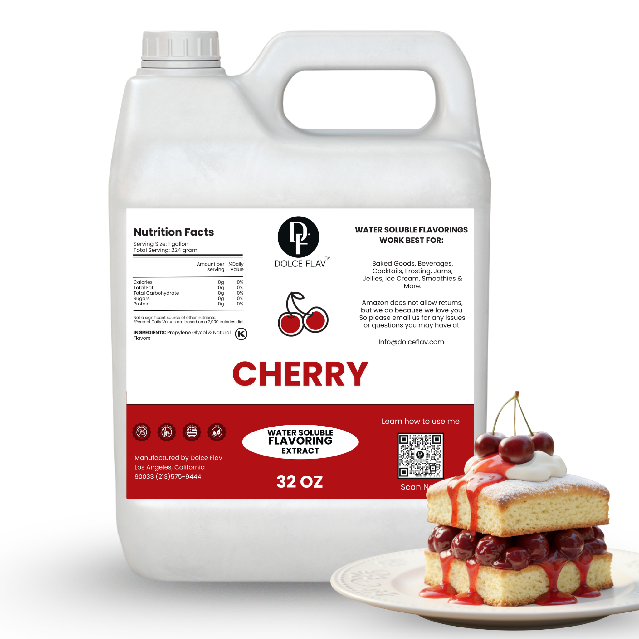 Dolce Flav cherry flavoring extract container with a cherry dessert on a white background