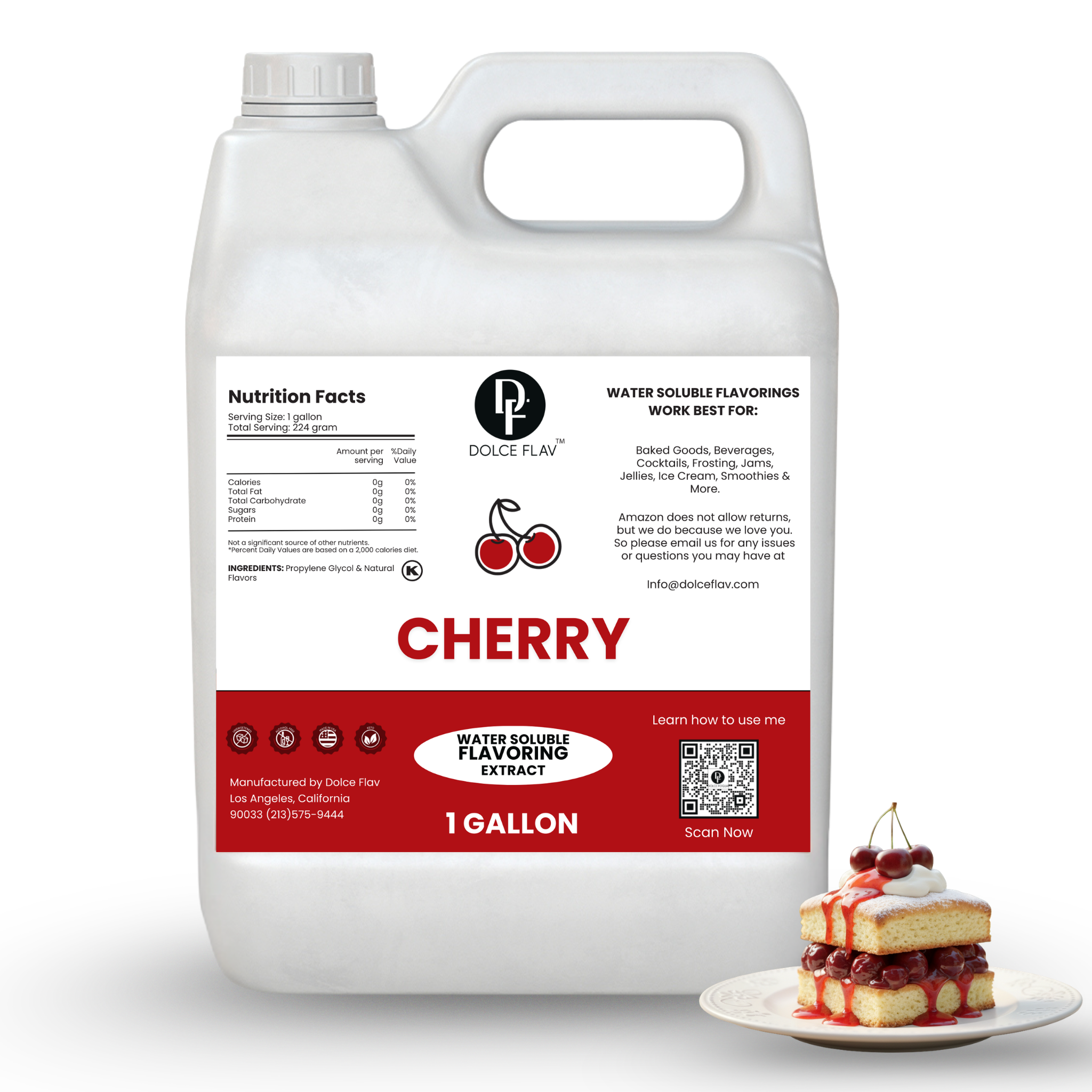 Gallon container of cherry flavoring extract with a dessert on a white background