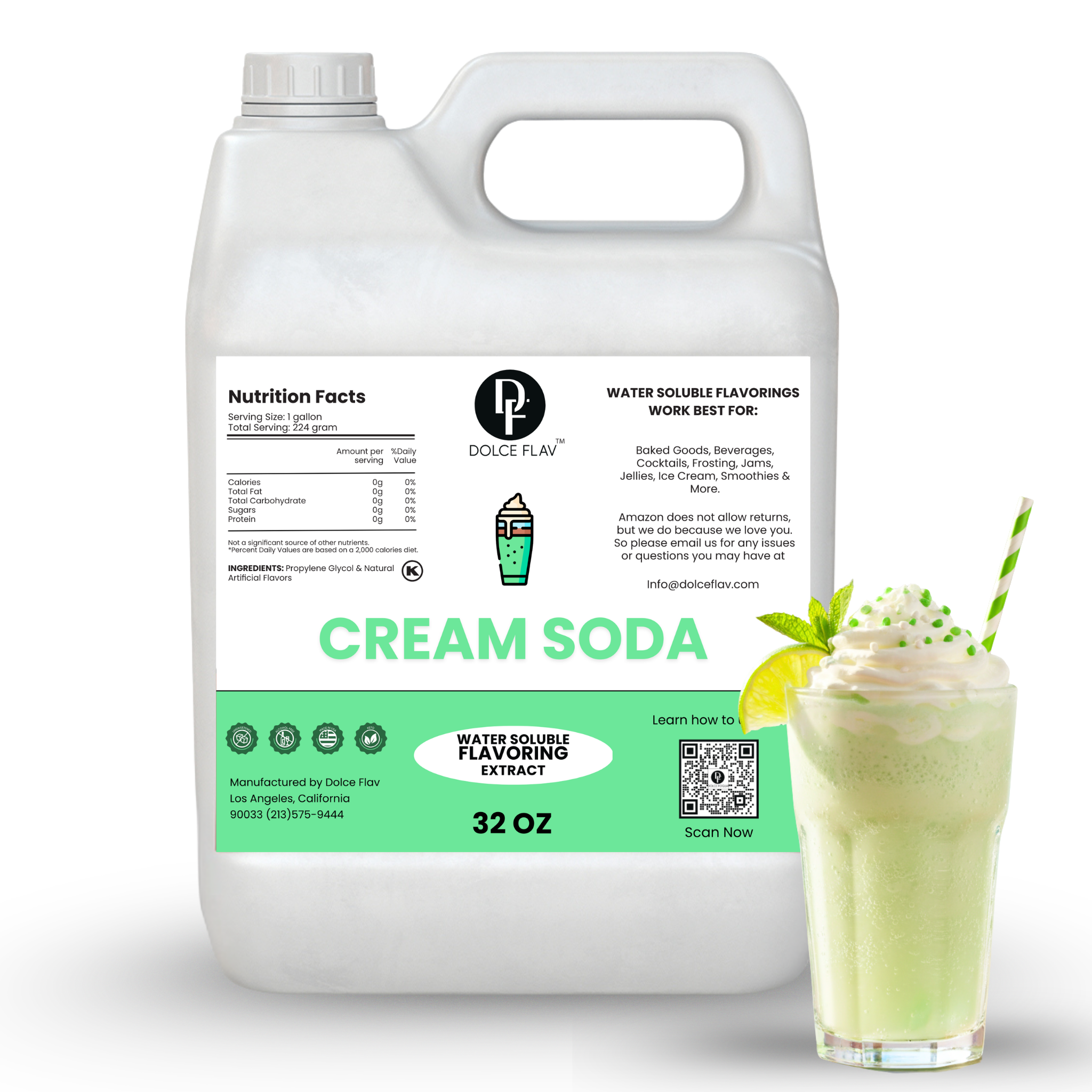 Dolce Flav cream soda flavoring extract container with a glass of cream soda on a white background