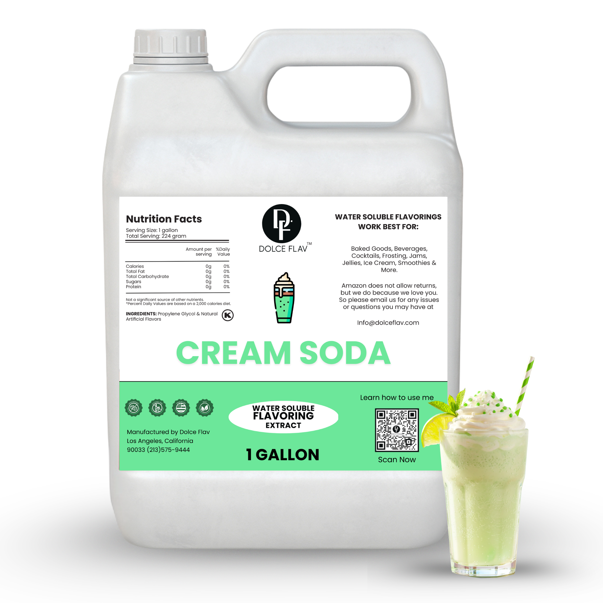 Dolce Flav cream soda flavoring extract container with a glass of cream soda on a white background