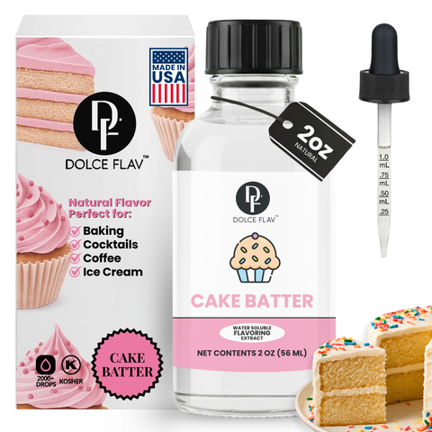 Dolce Flav cake batter extract bottle with packaging and a small cake slice.