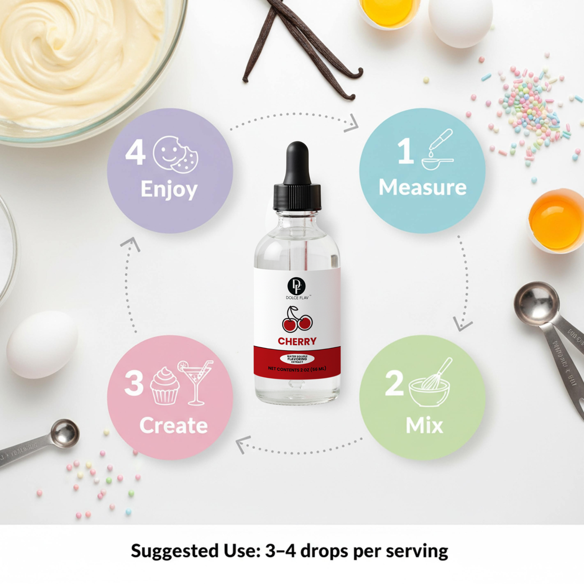 Bottle of cherry extract with cooking ingredients and steps on a white background