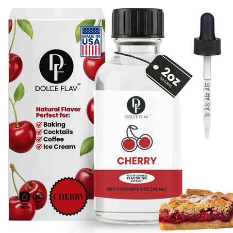 Dolce Flav cherry flavor extract with packaging and a cherry pie slice.