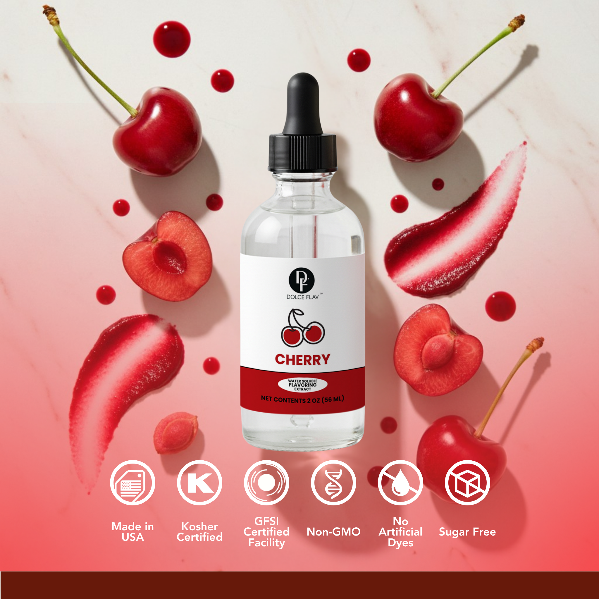 Bottle of cherry-flavored liquid with cherries around on a light pink background
