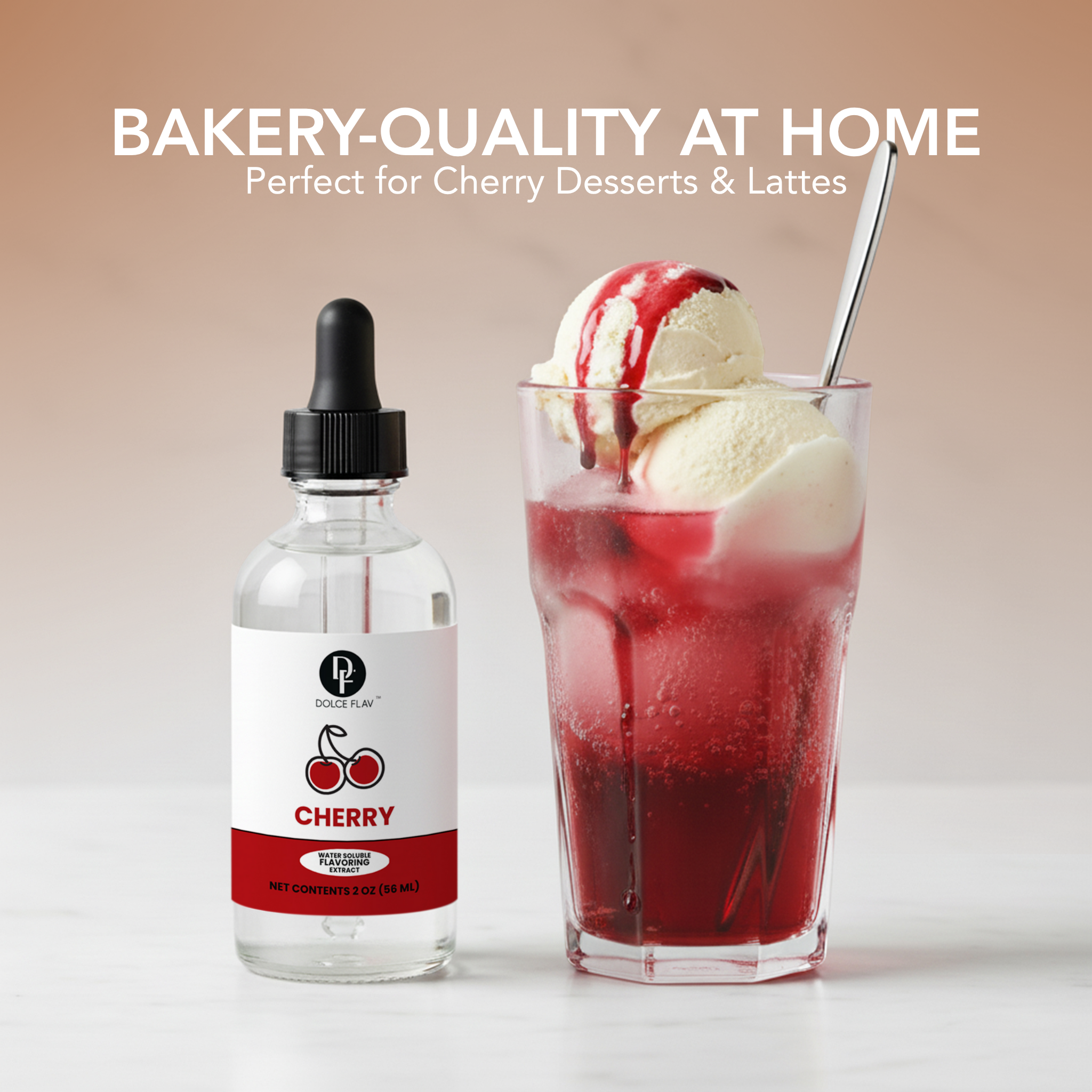 Bottle of cherry syrup next to a glass of cherry dessert with ice cream and a spoon, with text 'Bakery-Quality at Home'.
