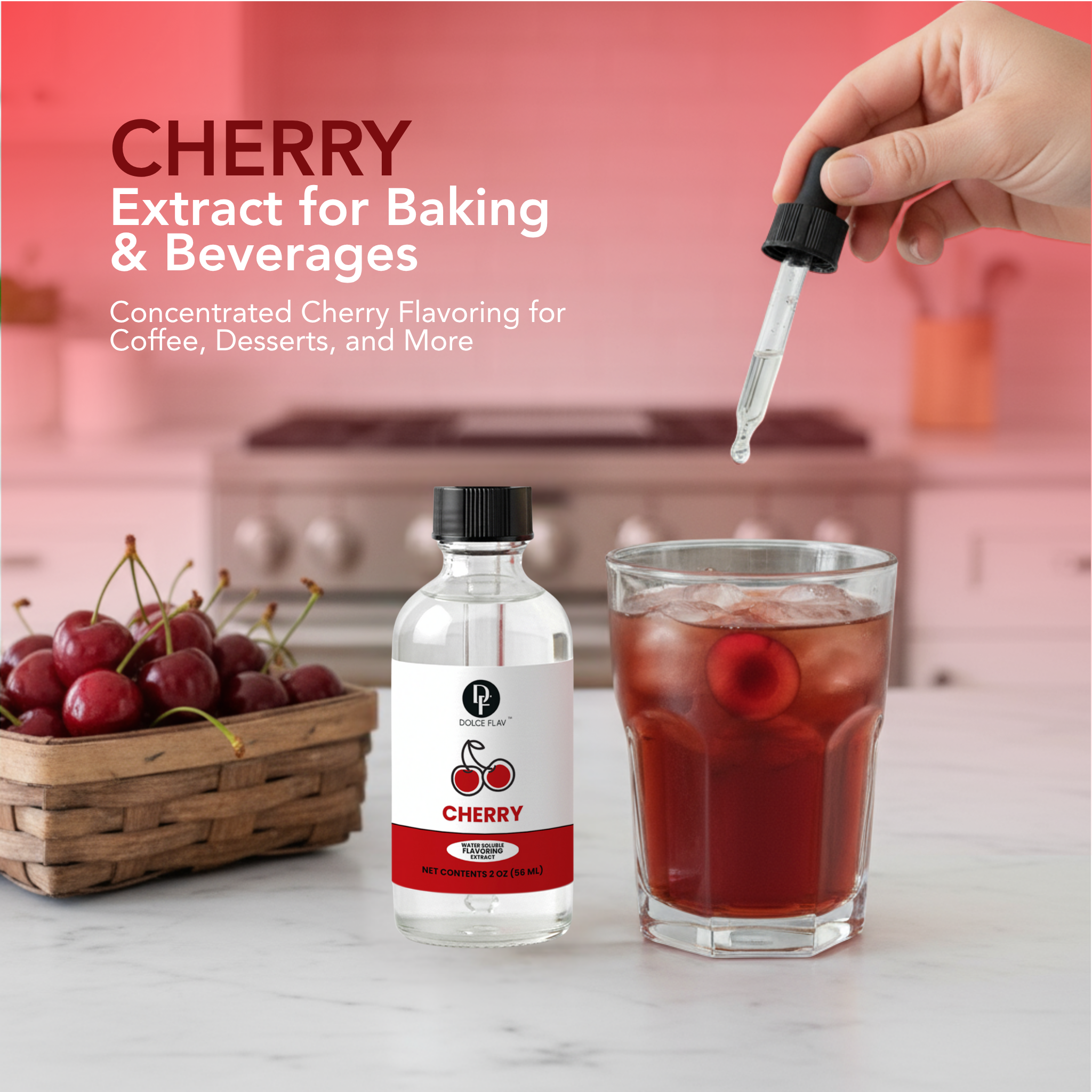 Bottle of cherry extract with a dropper, cherry basket, and glass of cherry-flavored drink on a kitchen counter.