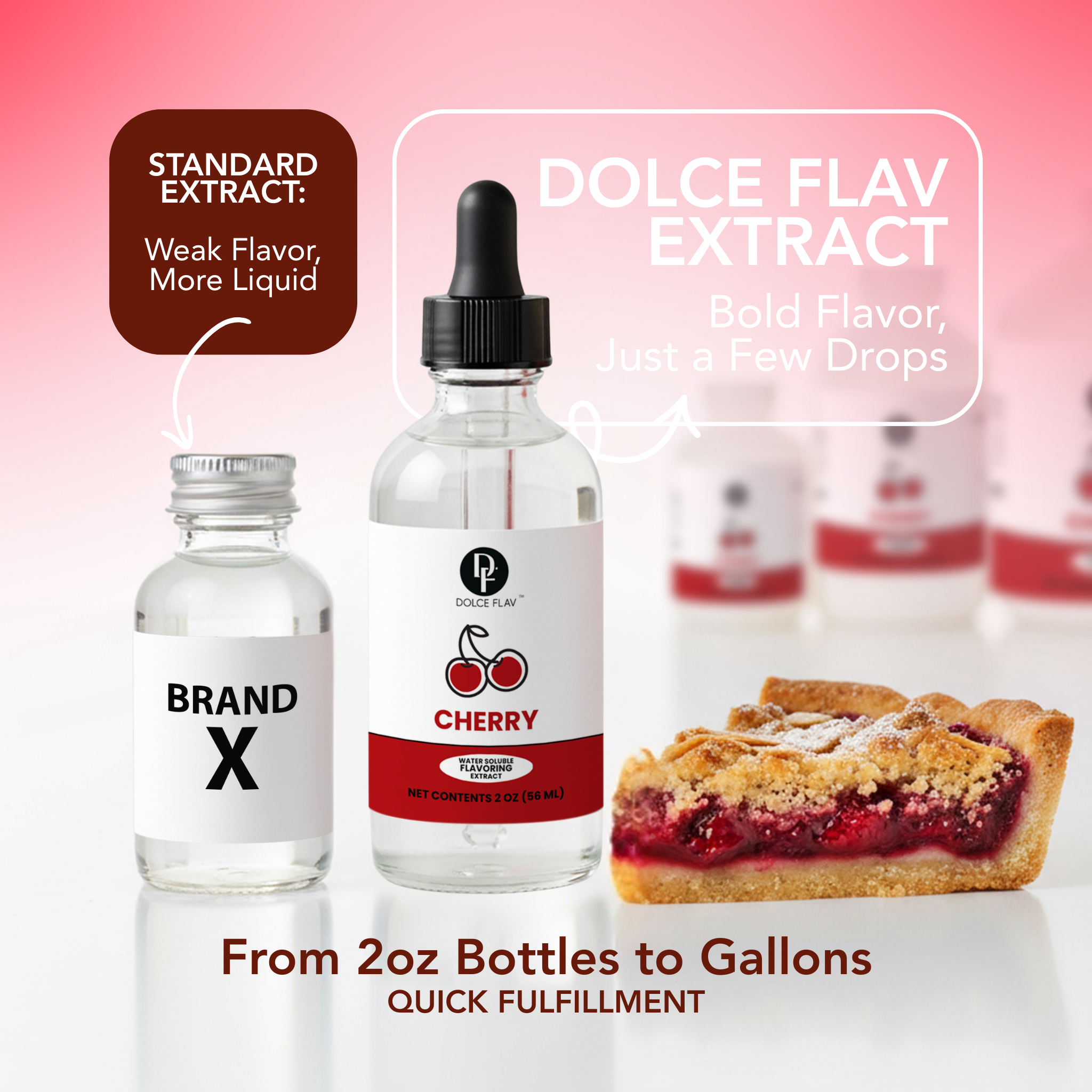 Dolce Flav cherry extract bottle with a pie and text about extract strength comparison.