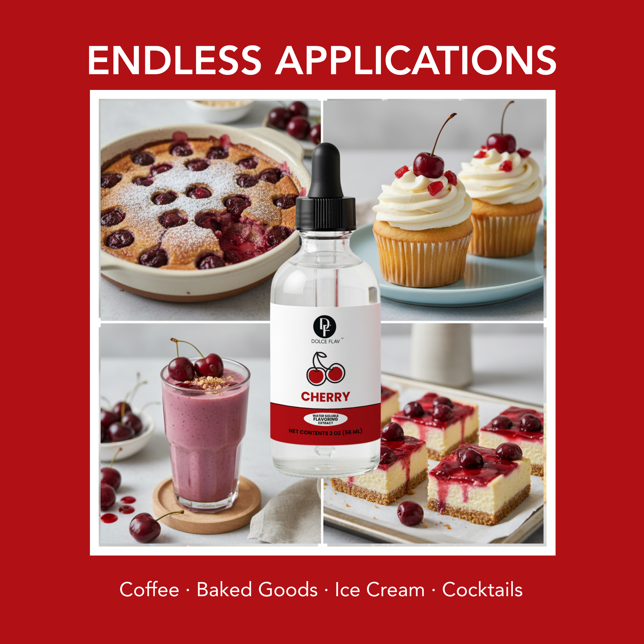 Collage of cherry-flavored products with a cherry syrup bottle on a red background.