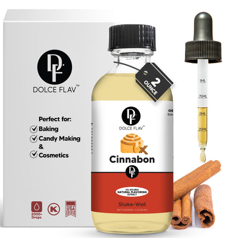 Dolce Flav Cinnabon flavor bottle with packaging, cinnamon sticks, and dropper on a white background
