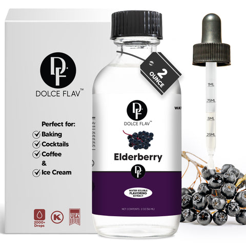 A bottle of DolceFlav water-soluble elderberry extract with a measuring dropper, next to a box of the product and a bunch of elderberries.