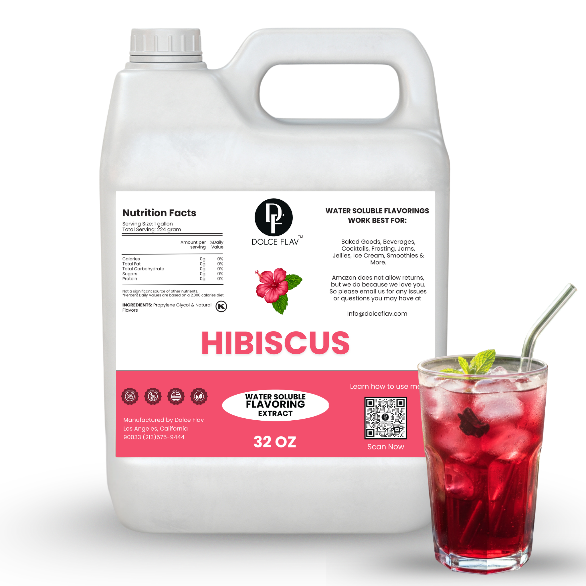 Hibiscus flavoring extract container with a glass of hibiscus iced tea on a white background