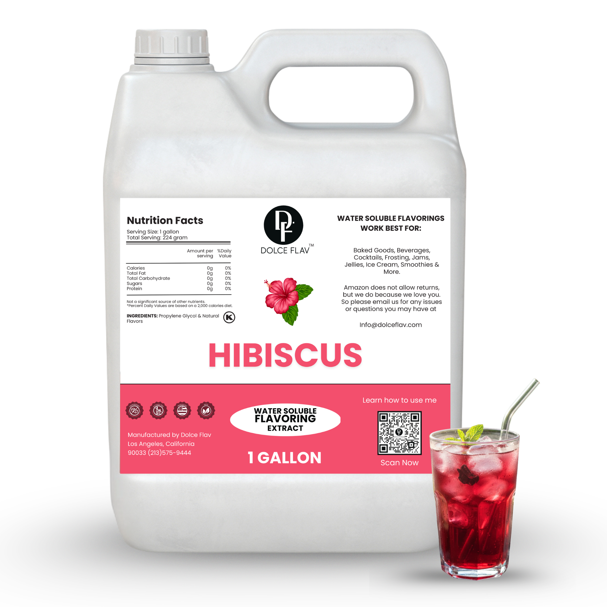 Hibiscus flavor extract container with a glass of iced tea on a white background
