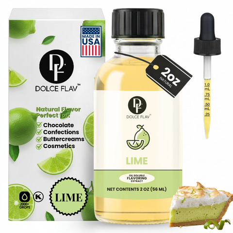 Dolce Flav lime flavoring extract with packaging, dropper, and slice of lime cheesecake.