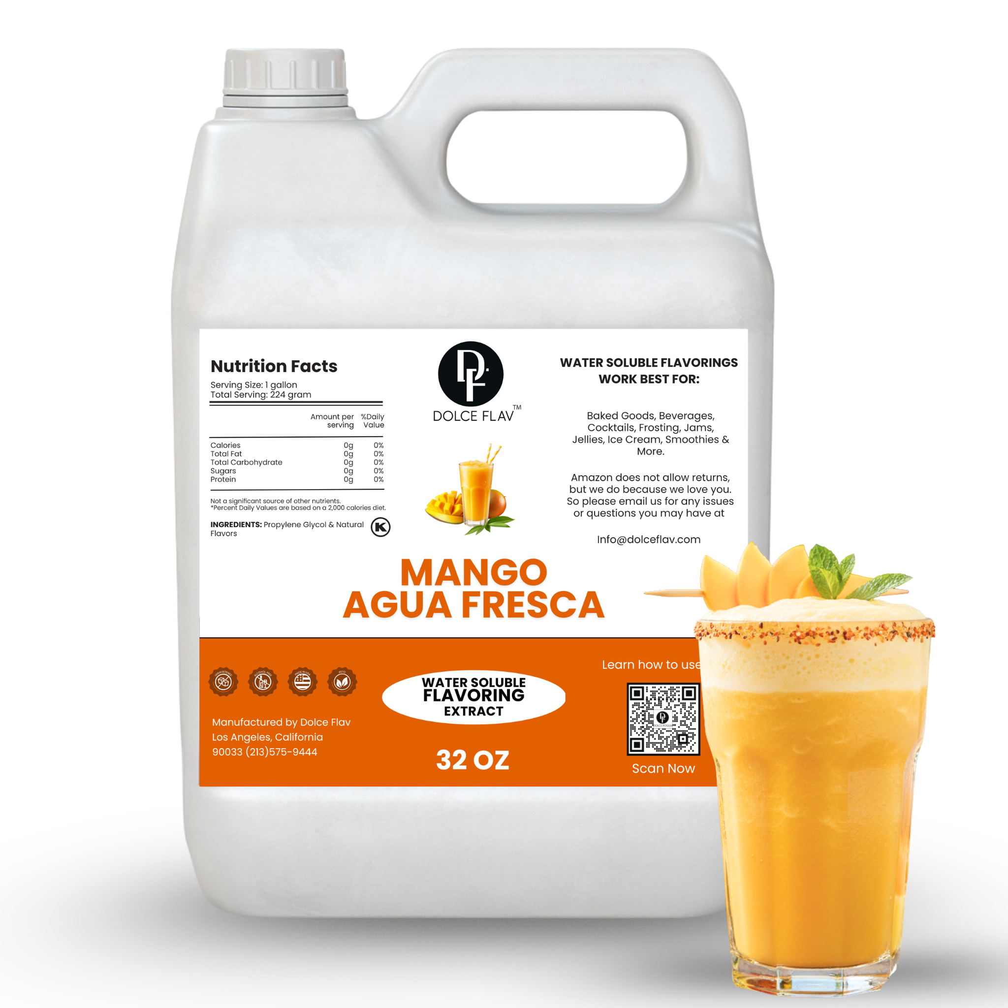 Dolce Flav Mango Agua Fresca flavor extract container with a glass of mango agua fresca on a white background