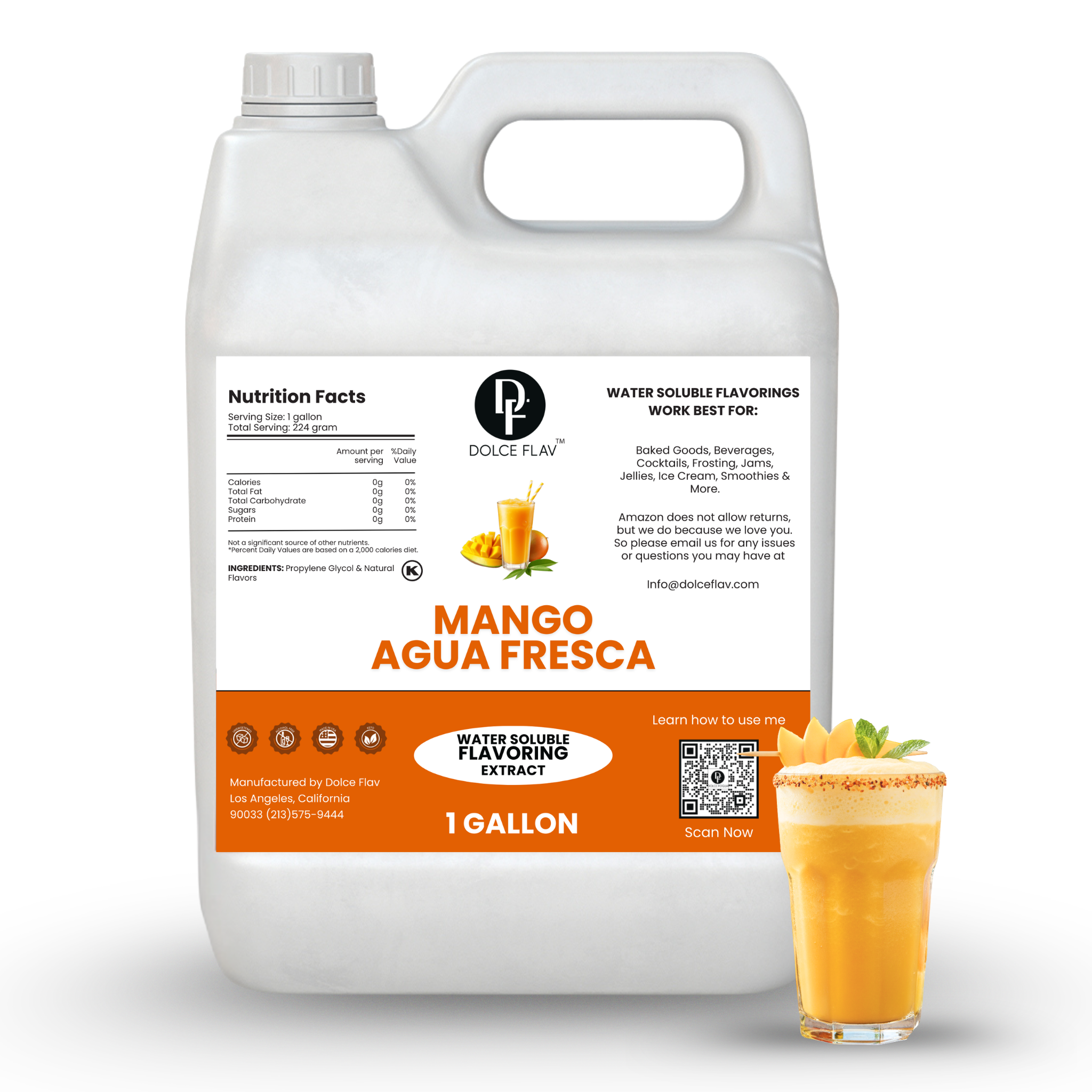 Dolce Flav Mango Agua Fresca flavor extract container with a glass of mango agua fresca on a white background