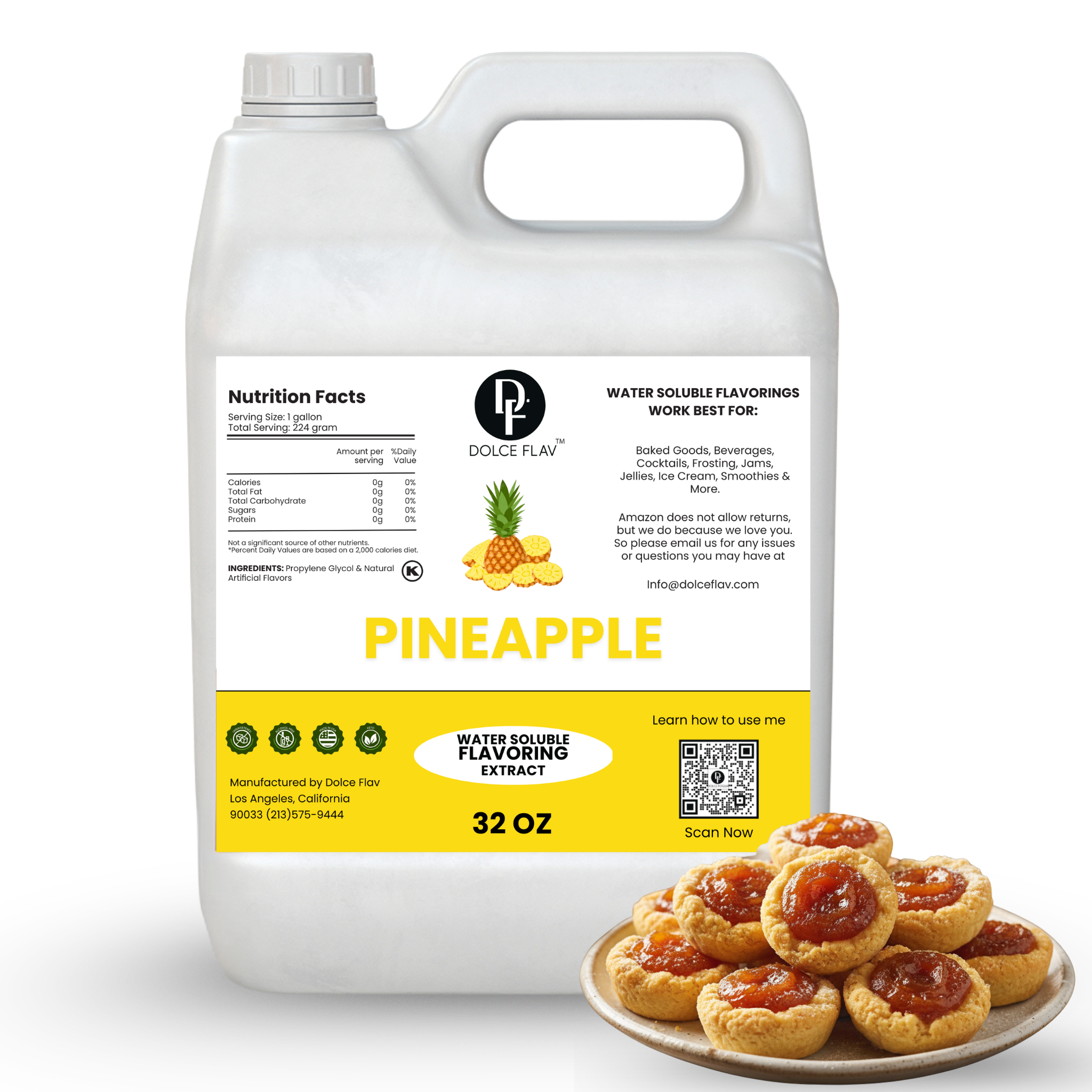 Pineapple flavoring extract container with a plate of pineapple-flavored cookies on a white background